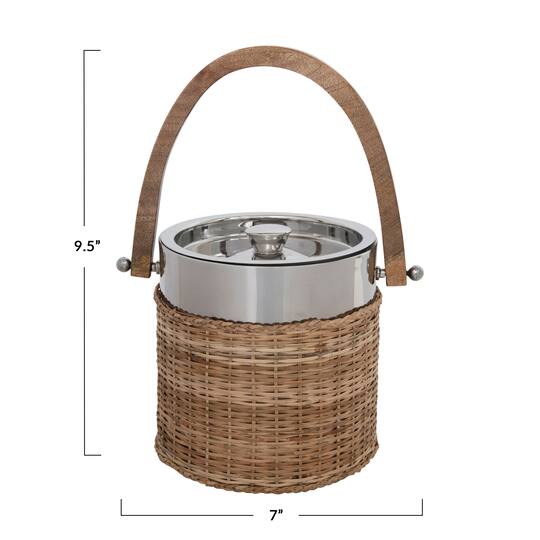 Hello Honey® 9.5" Stainless Steel & Woven Rattan Ice Bucket with Mango Wood Handle